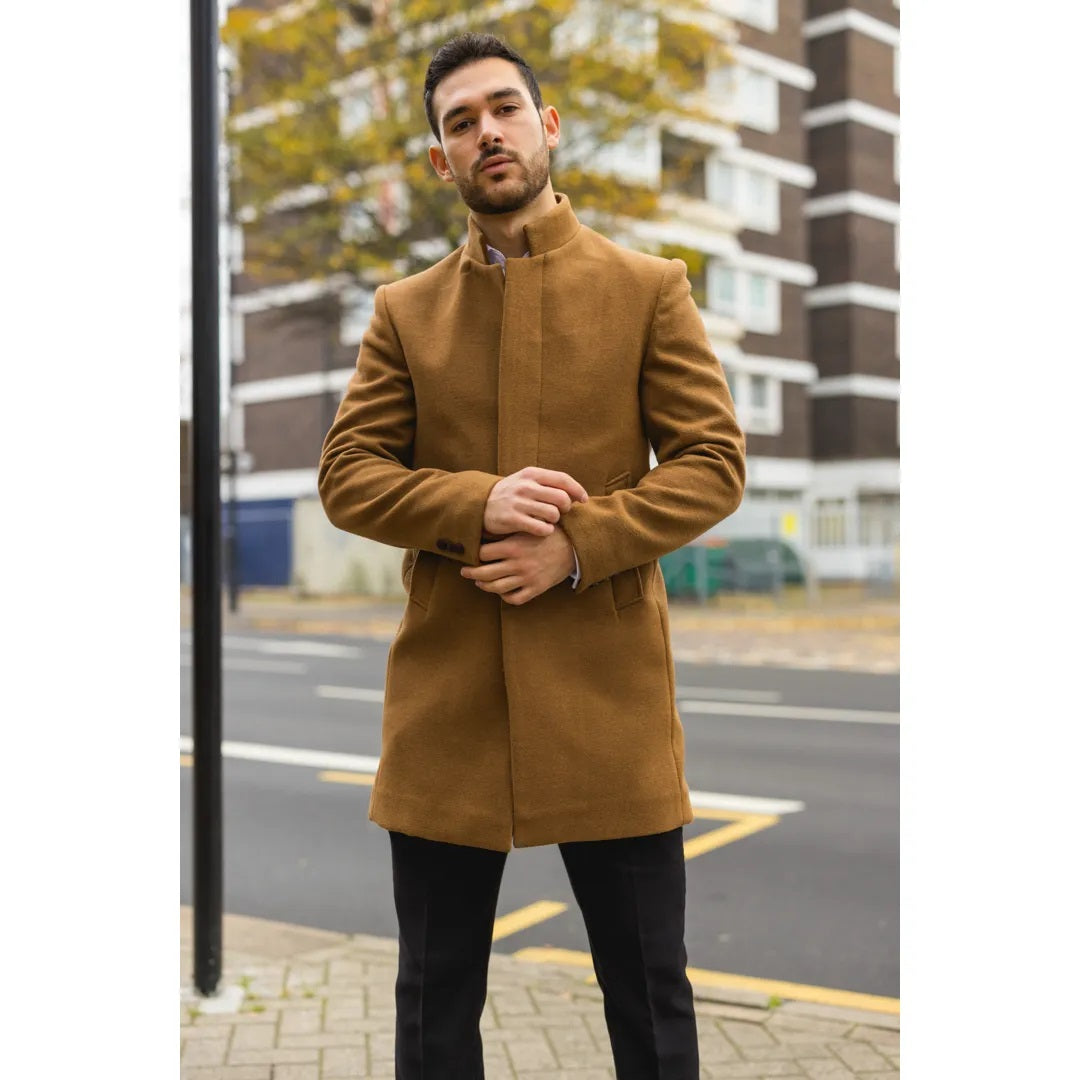 Tan funnel neck coat on sale