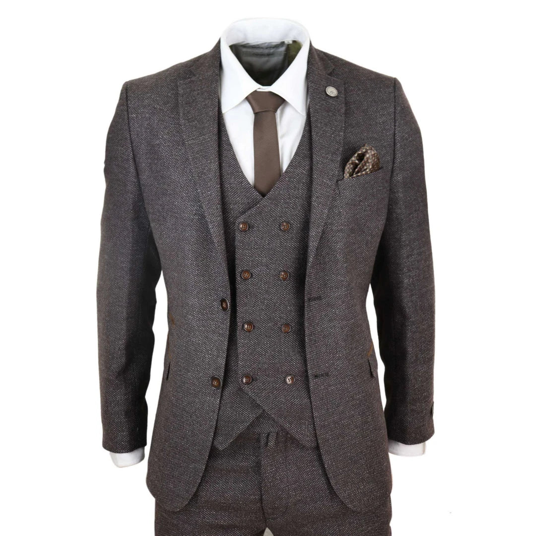 Men s Brown 3 Piece Suit With Tweed Double Breasted Waistcoat MJ s Menswear Derry