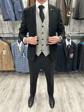 Load image into Gallery viewer, Parker black 2 piece with Hugo light grey waistcoat suit for hire
