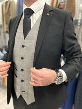 Load image into Gallery viewer, Parker black 2 piece with Hugo light grey waistcoat suit for hire
