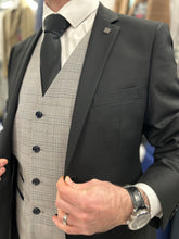 Load image into Gallery viewer, Parker black 2 piece with Hugo light grey waistcoat suit for hire
