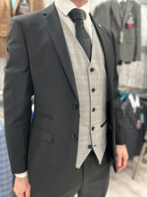 Load image into Gallery viewer, Parker black 2 piece with Hugo light grey waistcoat suit for hire
