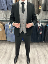 Load image into Gallery viewer, Parker black 2 piece with francis light grey waistcoat suit for hire
