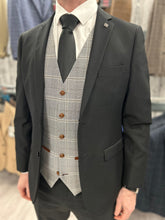 Load image into Gallery viewer, Parker black 2 piece with francis light grey waistcoat suit for hire
