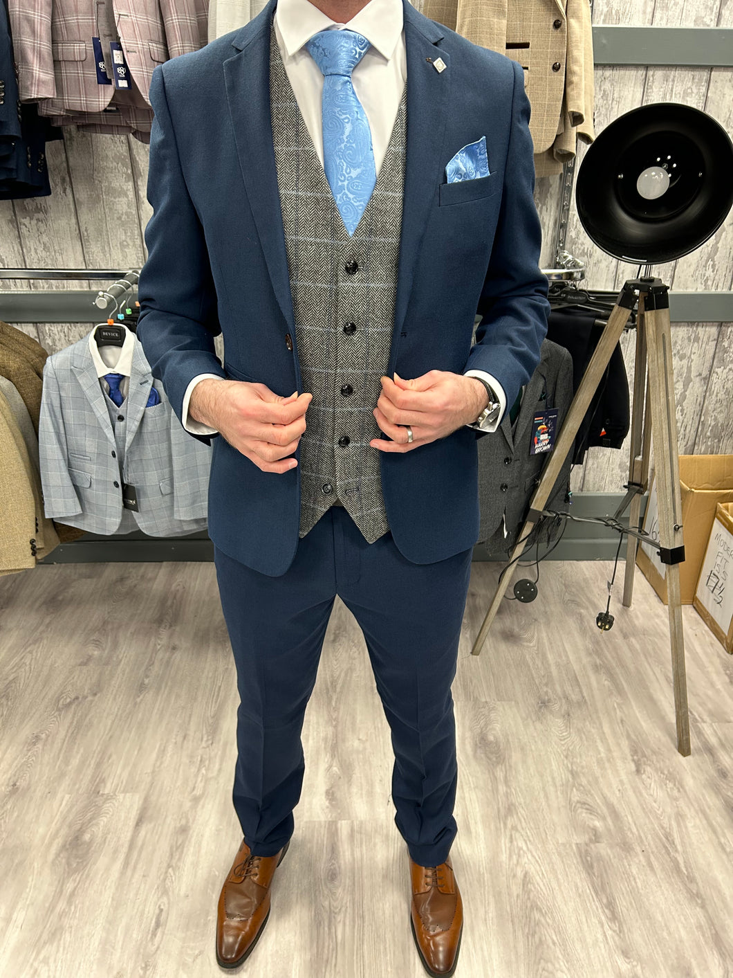 Calvin navy 2 piece with harris grey waistcoat suit for hire