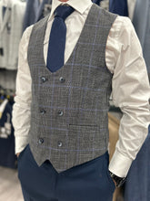 Load image into Gallery viewer, Power Grey Check with navy trouser suit for hire
